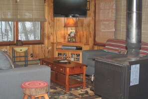 Televisio, takka, DVD-soitin, kirjoja