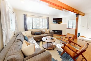 TV, caminetto, libri