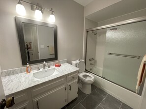 Combined shower/tub, hair dryer, towels, soap