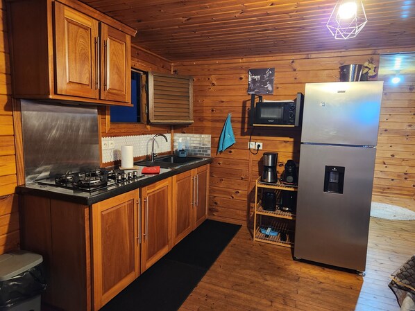 Fridge, microwave, coffee/tea maker, electric kettle