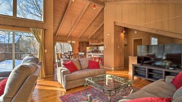 TV, fireplace, books