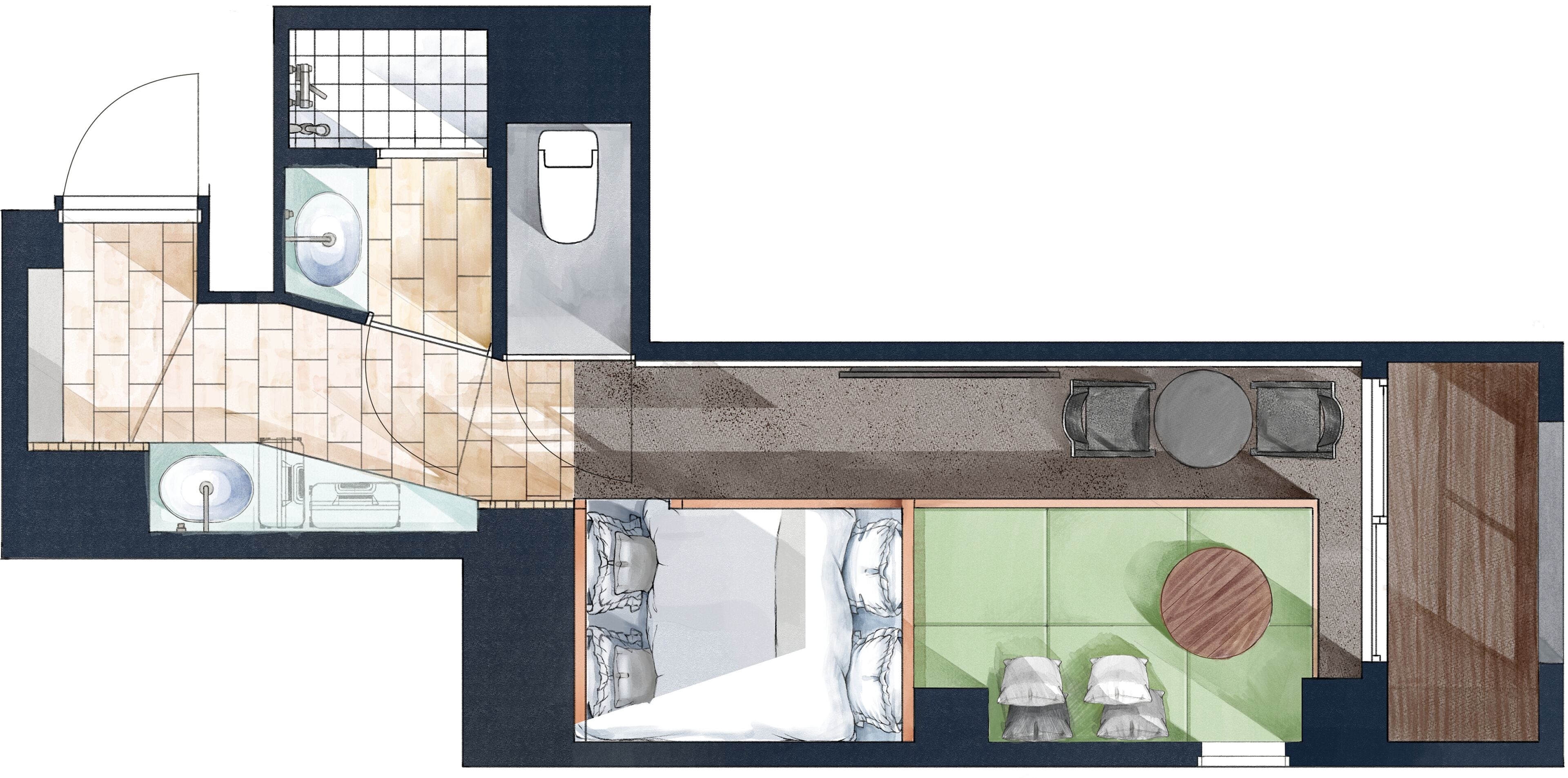 A floor plan of a hotel room with a bathroom, a small kitchen area, a seating area with a table and chairs, and a bed with two pillows.