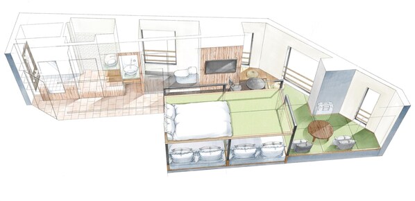 A 3D architectural rendering of a modern kitchen and dining area with a central island, built-in appliances, and a dining table with chairs.