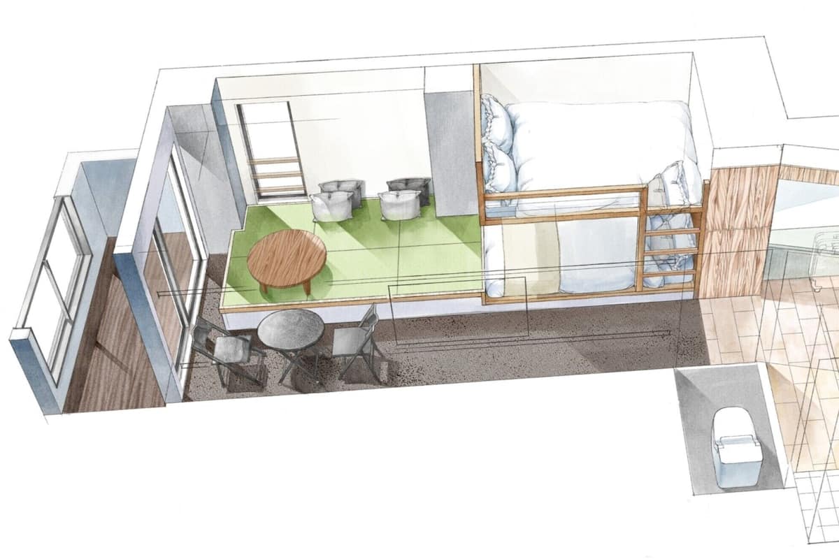 A floor plan of a hotel room with a bed, a small seating area with a table and chairs, a bathroom with a sink and toilet, and a view of the outside.
