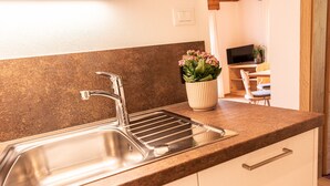 Una cocina con un lavamanos de acero inoxidable, encimera de granito y una planta en maceta.