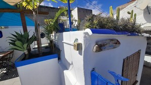 A white building with blue accents, a wooden door, and a small garden area with plants and a blue chair.