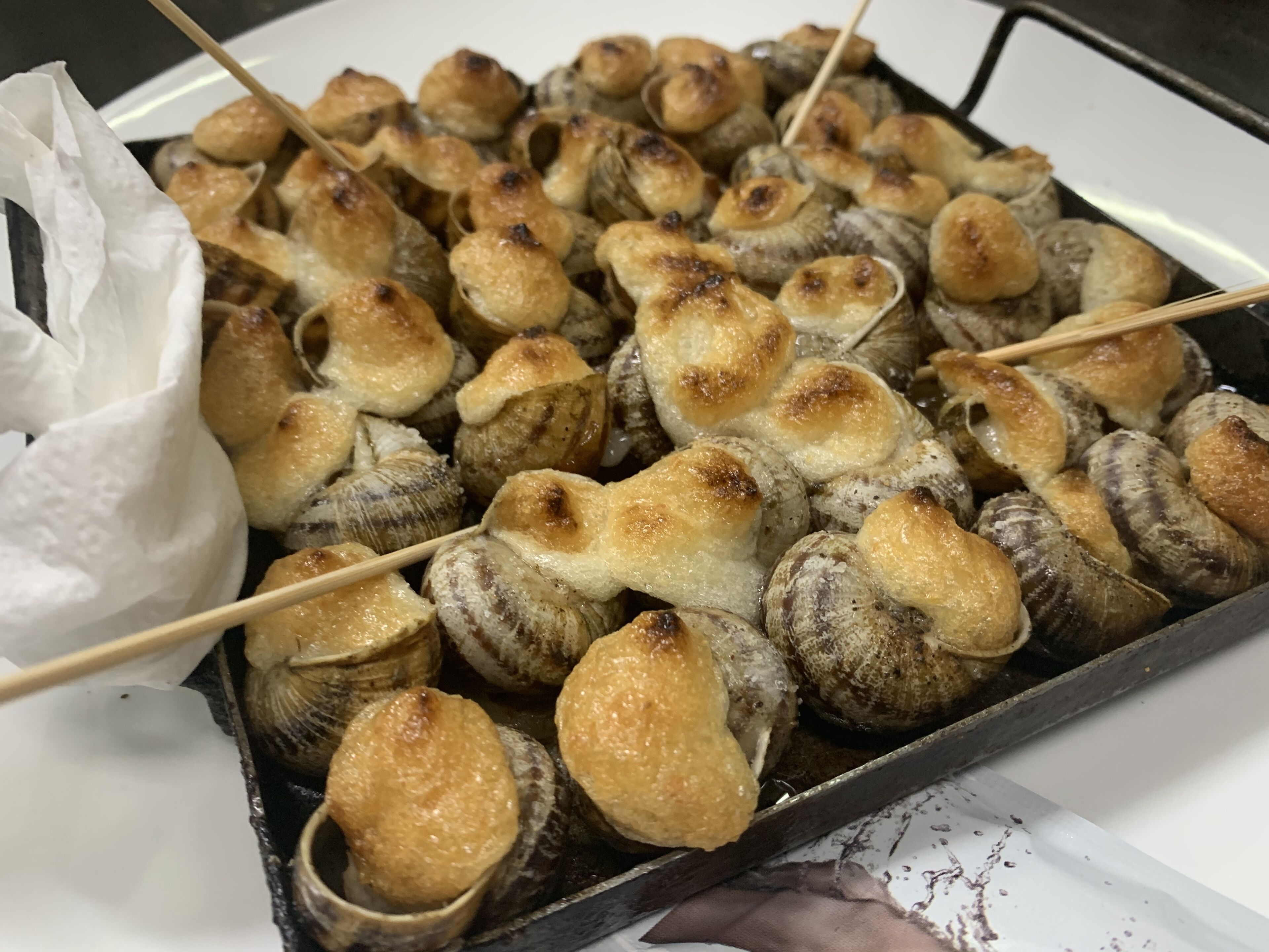 A tray of grilled clams with a paper towel and wooden skewers.