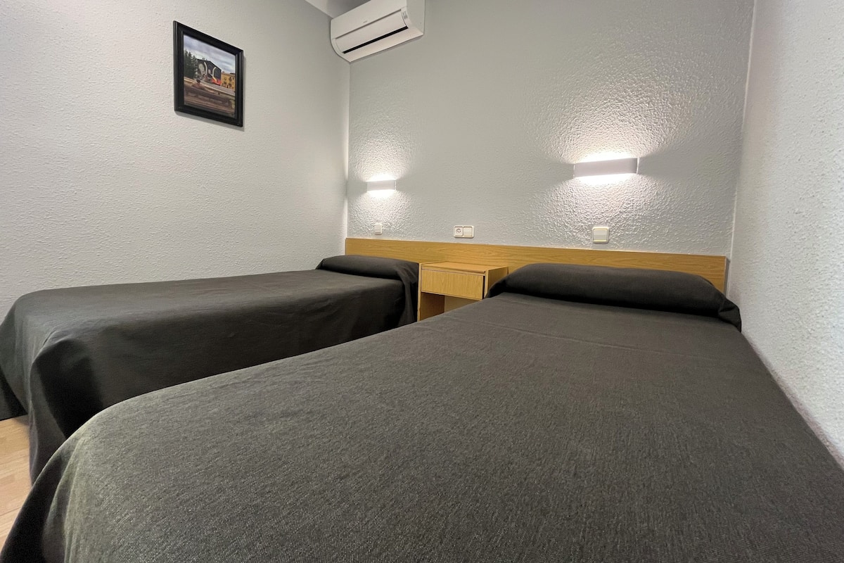 Habitación de hotel con dos camas individuales, una mesita de noche de madera, un equipo de aire acondicionado y un cuadro en la pared.
