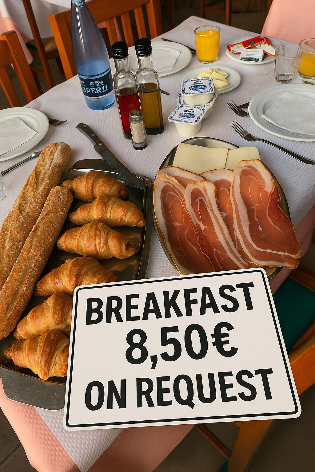 Un desayuno con pan, jamón y jugo en una mesa.