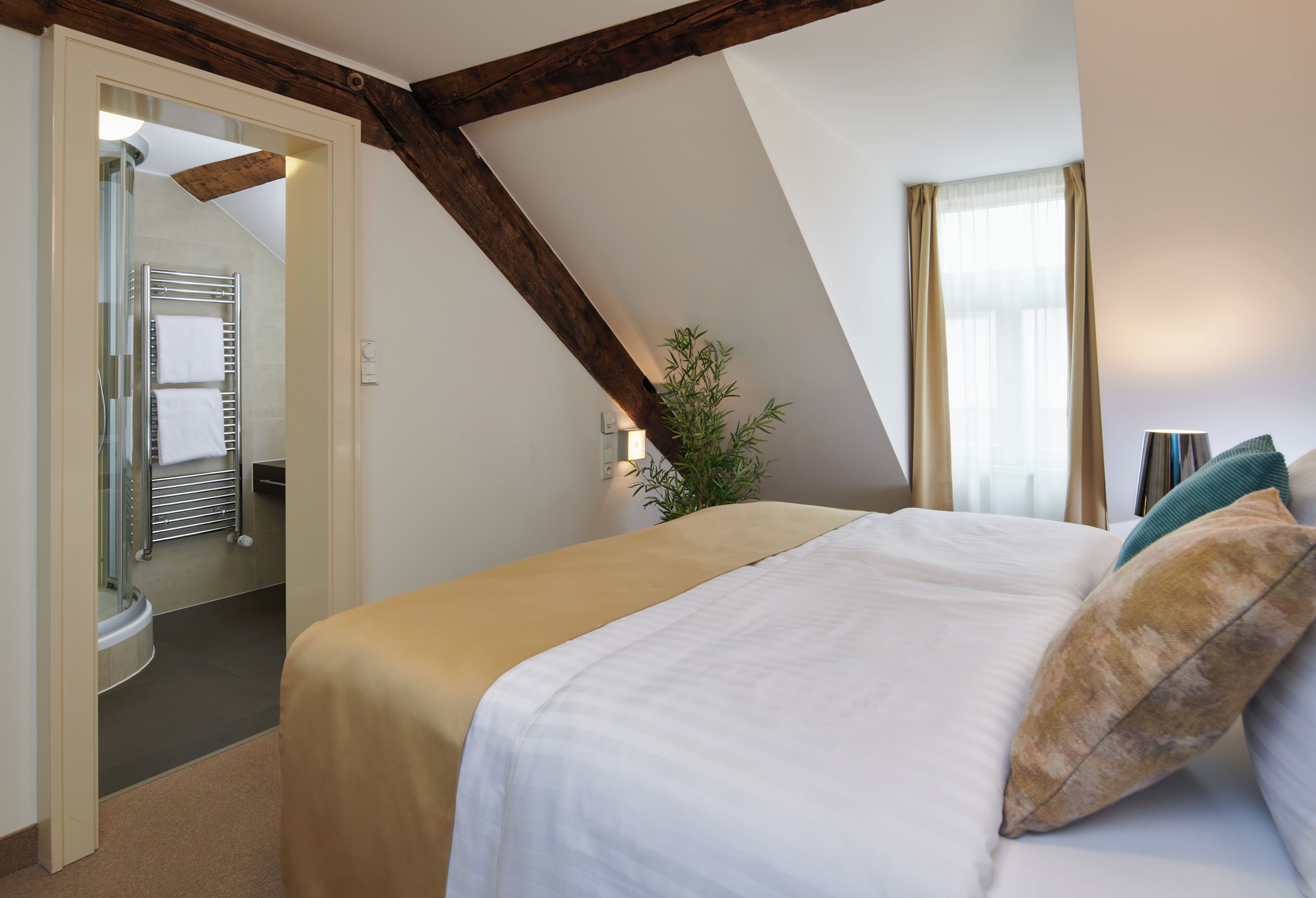 Une chambre à coucher avec un lit, une plante et une salle de bain visible à travers une porte ouverte.
