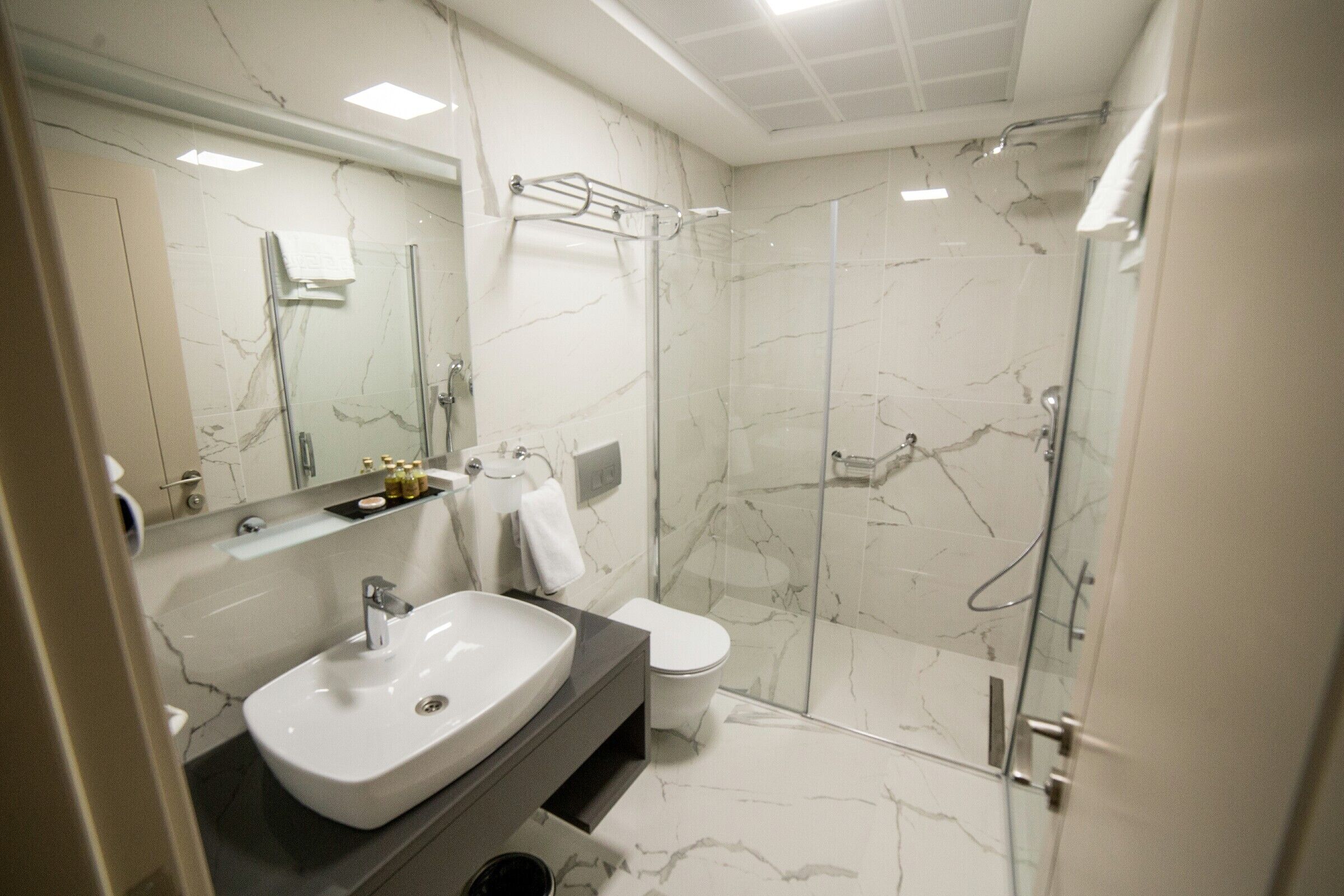 deluxe double room | bathroom | shower, rainfall showerhead, free toiletries, hair dryer