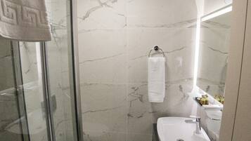 A modern bathroom with a glass shower enclosure, a toilet, and a sink with a mirror above it.