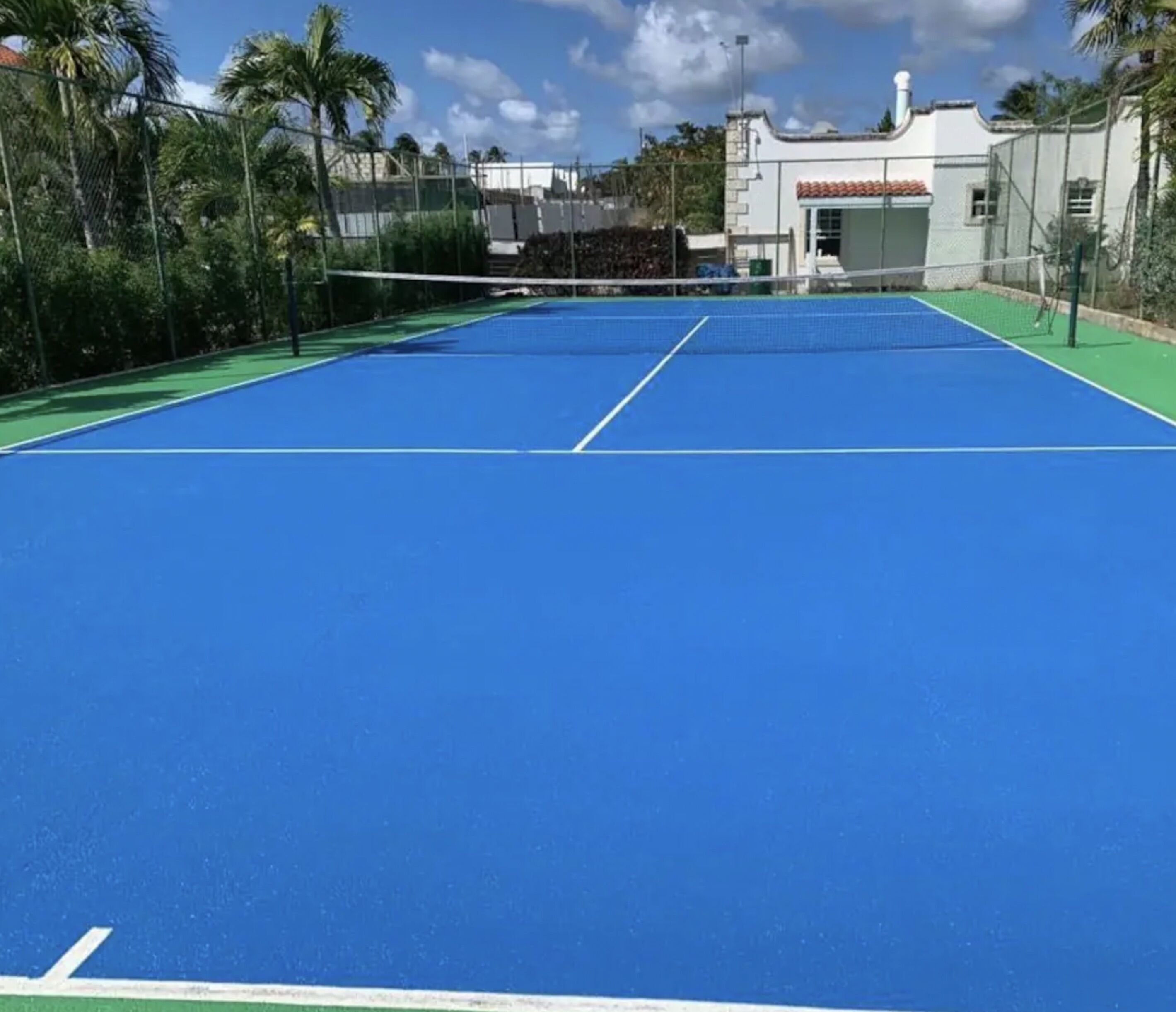 A tennis court with a net in the middle, surrounded by a fence and palm trees.