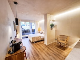 A compact hotel room with a bed, a desk with a kettle, a wicker chair, and a potted plant.