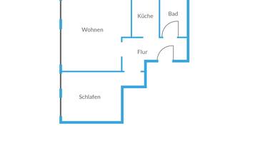 Grundriss mit beschrifteten Bereichen: Wohnen, Küche, Bad, Flur und Schlangen.