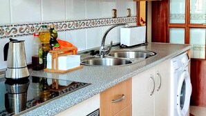 A kitchen with wooden cabinets, a stainless steel sink, a built-in dishwasher, and a washing machine. - Los Mayorales Apartment (Garrovilla, La)