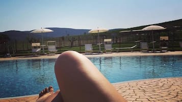 Seasonal outdoor pool, open 10:00 AM to 8:00 PM, pool umbrellas