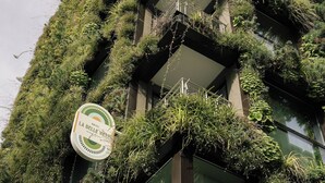 A building with vertical gardens covering its facade, a sign indicating it's a hotel, and a balcony with railings. - La Belle Ville (Paris)