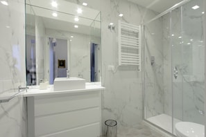 Shower, hair dryer, towels, toilet paper