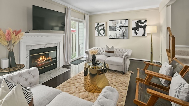 A living room with a fireplace, a television, and a sofa. - Finchwood: Private Yard & Near DC (Sterling)