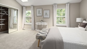 A bedroom with a large bed, a bedside table, a wardrobe, and two windows with curtains. - Finchwood: Private Yard & Near DC (Sterling)