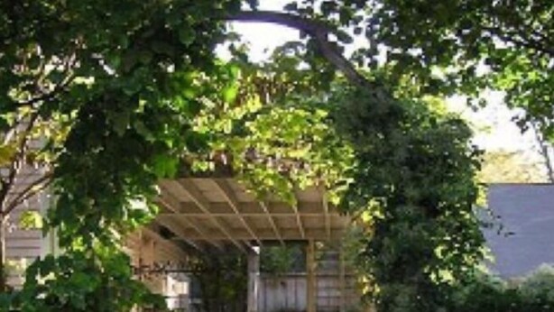 Un espacio al aire libre con techo, que incluye una mesa y sillas de madera, rodeado por una valla y vegetación.