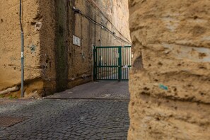 Ein schmaler Kopfsteinpflastergang mit einem grünen Tor, einer Backsteinmauer und einigen Stromkästen.