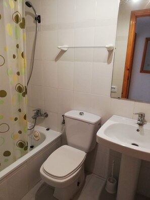 A bathroom with a toilet, a sink, and a shower.