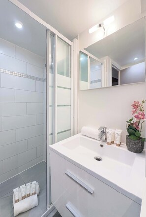 Shower, hair dryer, towels