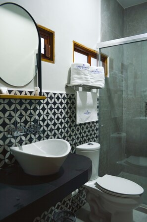 淋浴设施、大花洒淋浴喷头、名牌洗护用品、吹风机