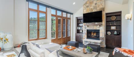 TV, fireplace, video games, DVD player