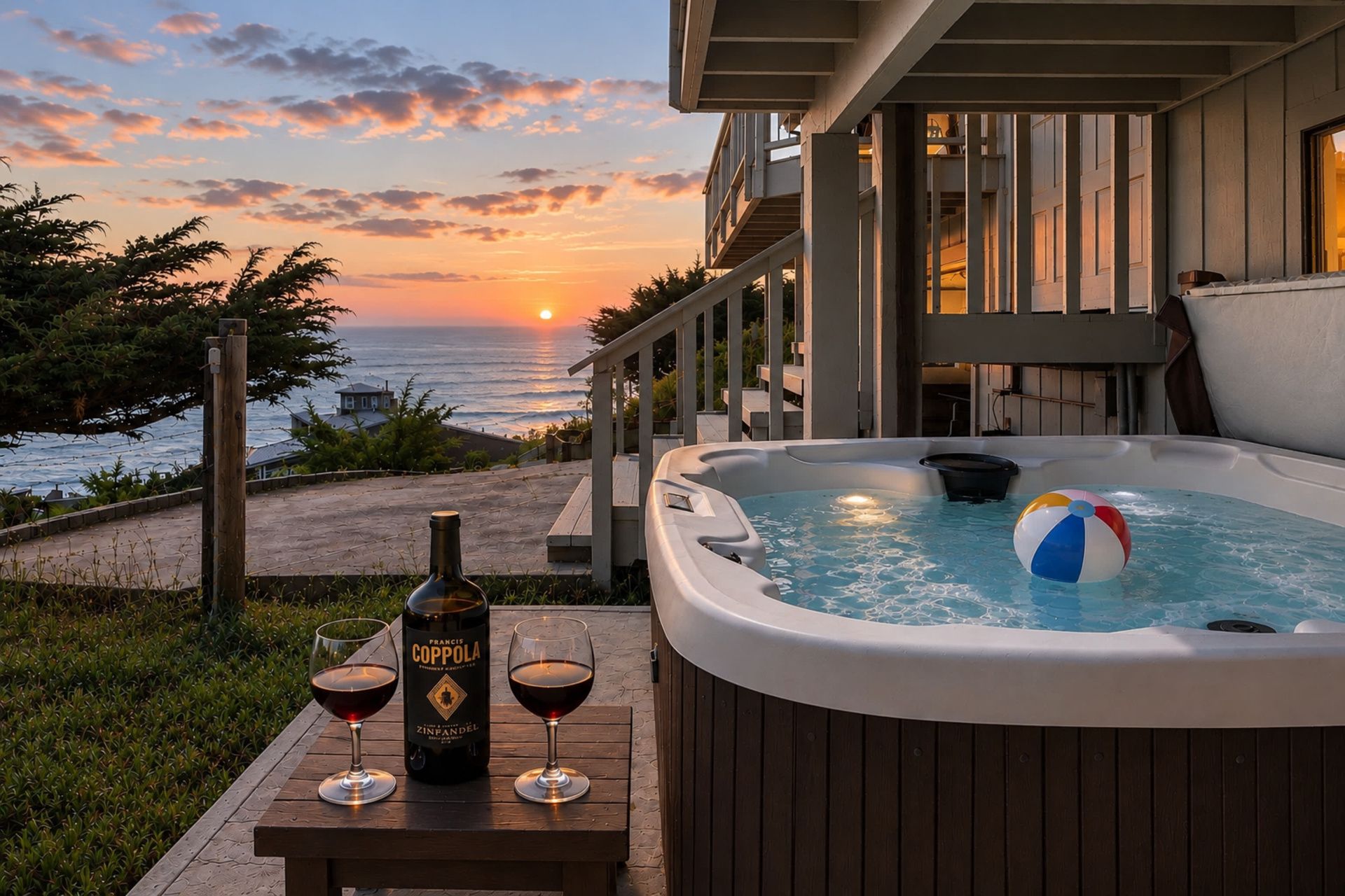 A hot tub with a beach ball, two glasses of red wine, and a bottle of Francis Coppola Zinfandel wine on a wooden table.