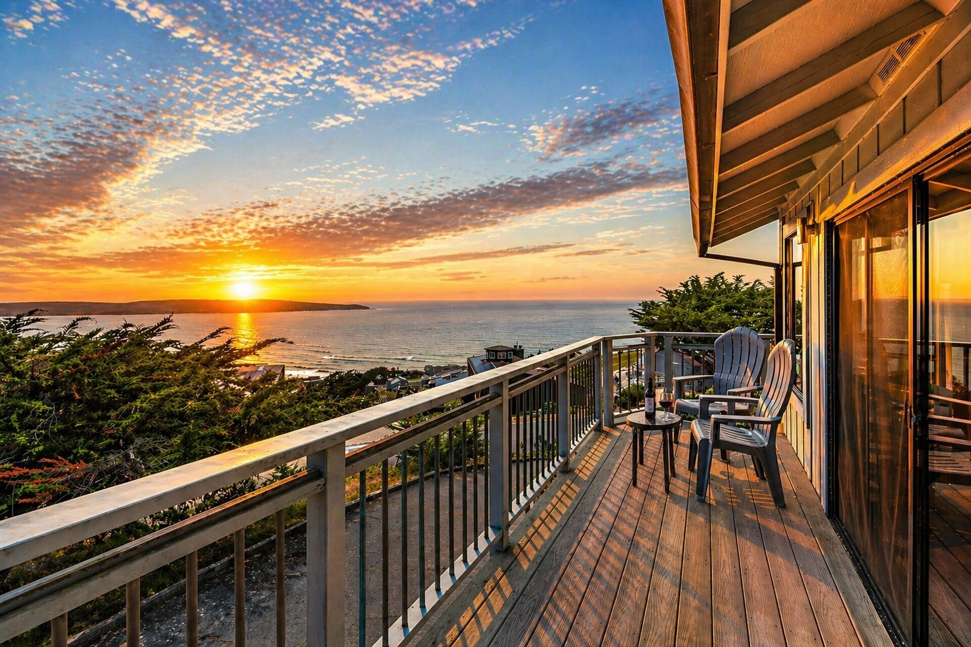 Een houten terras met stoelen met uitzicht op een zonsondergang boven de zee.