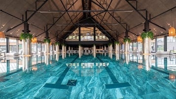 2 indoor pools, seasonal outdoor pool, pool loungers