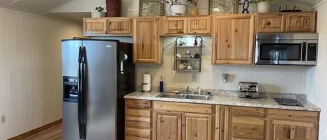 Frigorífico, microondas, placa de cocina y cafetera o tetera