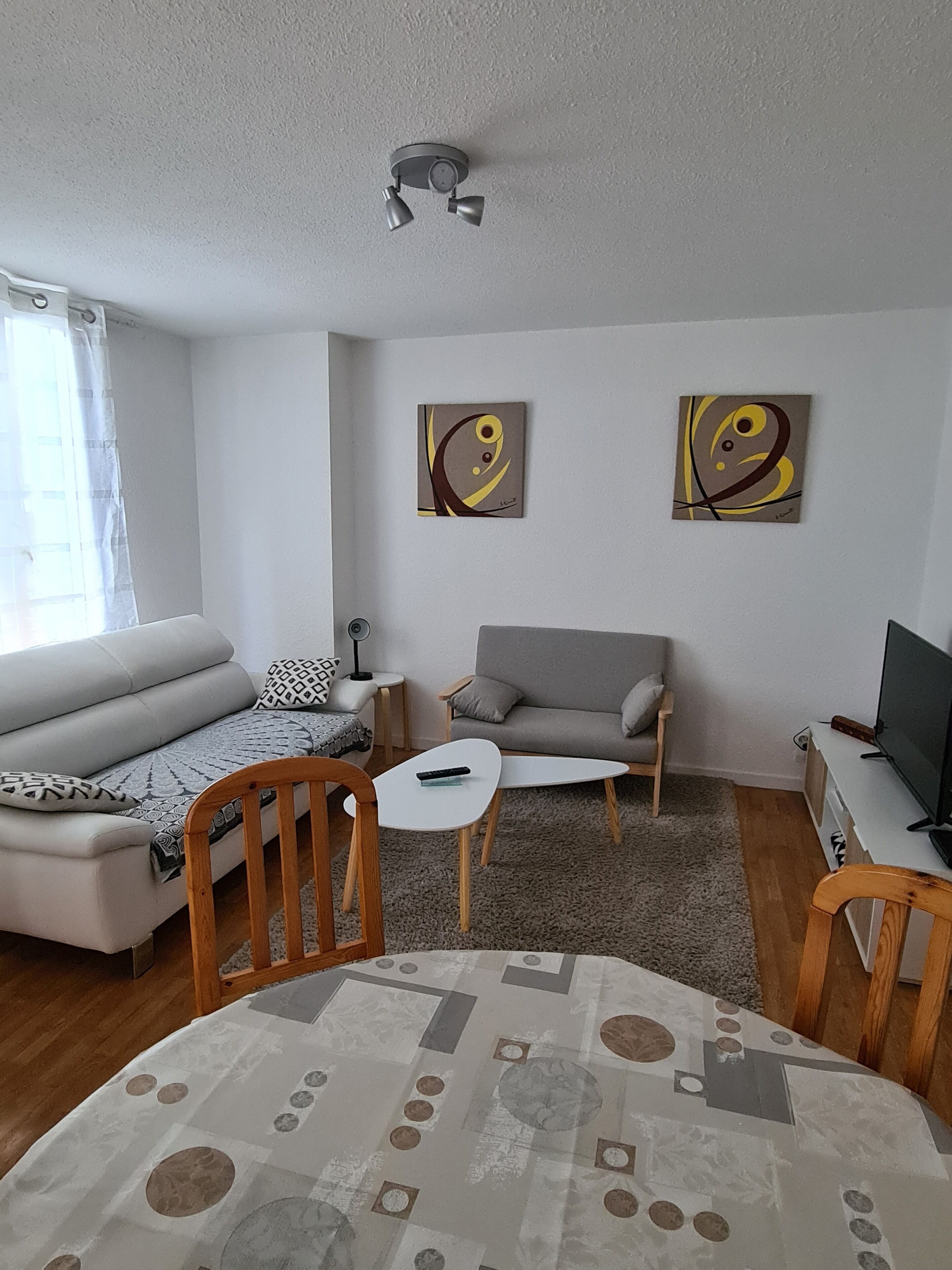 Un salon moderne avec un canapé, un fauteuil, une table basse et un meuble pour la télévision. Les murs sont ornés de tableaux abstraits et le plafond est équipé d’un ventilateur.