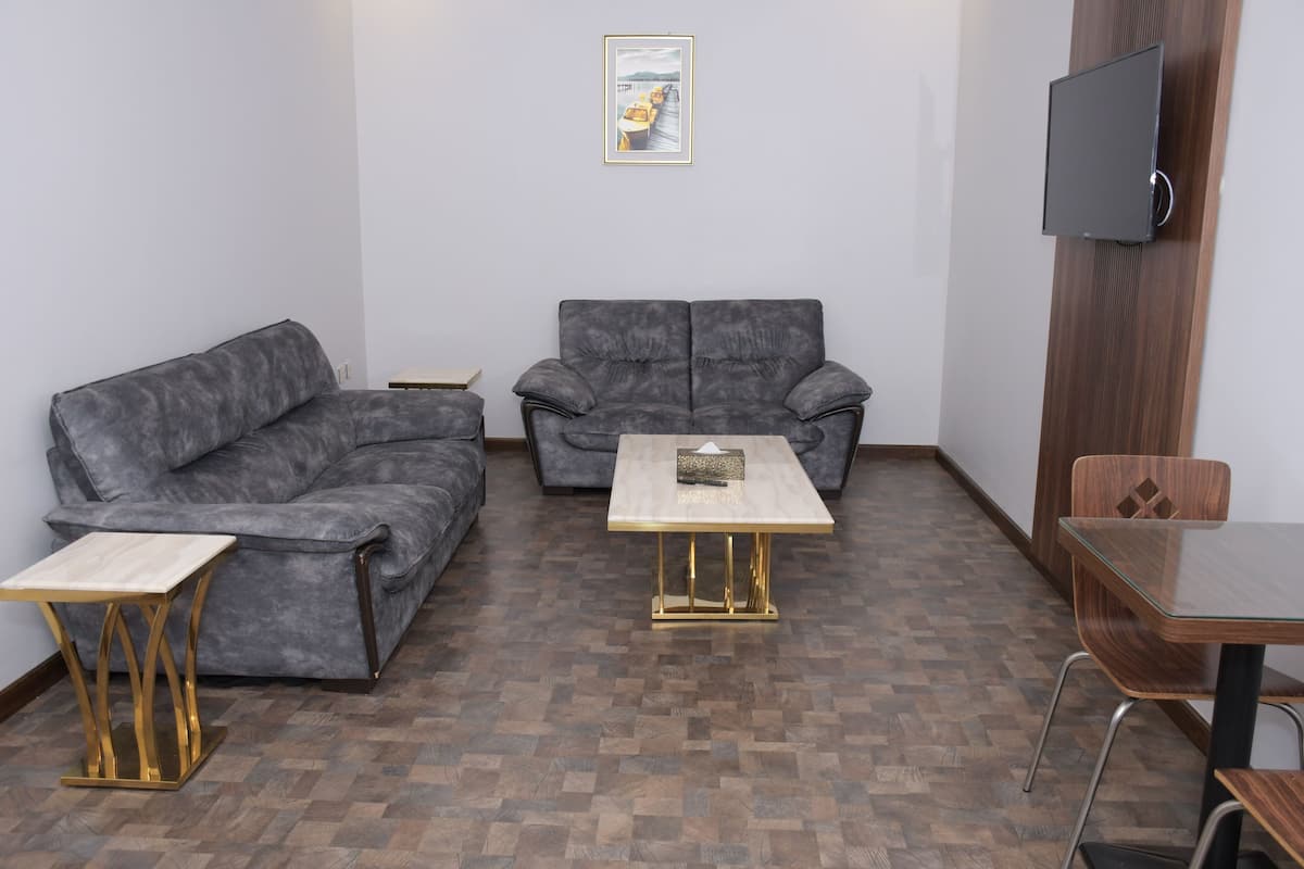 A modern living room with two grey sofas, a wooden coffee table, and a TV mounted on the wall.