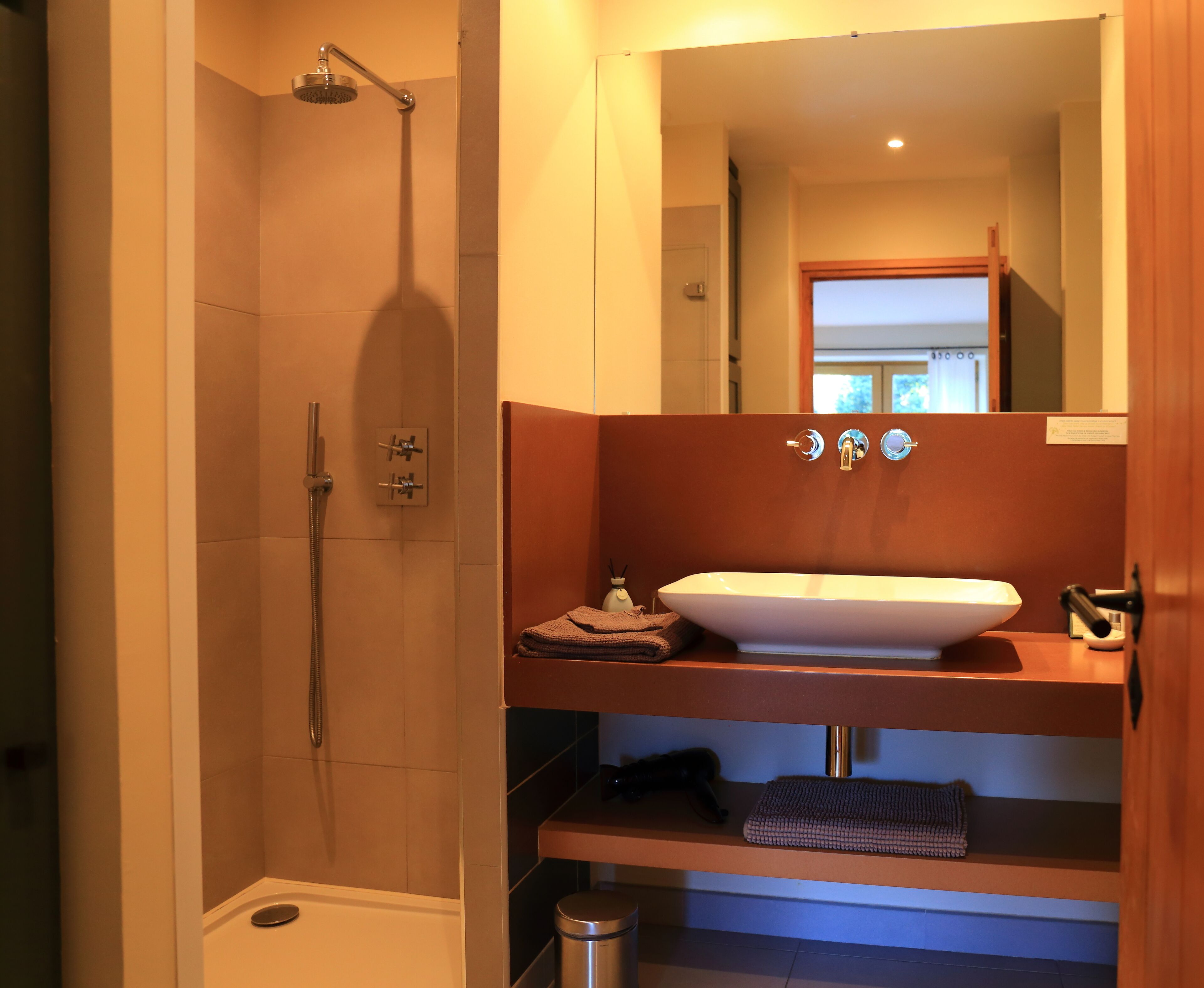 Une salle de bain avec une douche, un lavabo et un miroir.