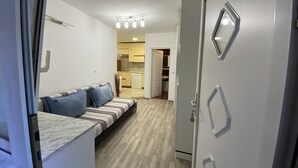Un espacio habitable pequeño con sofá, kitchenette y armario.