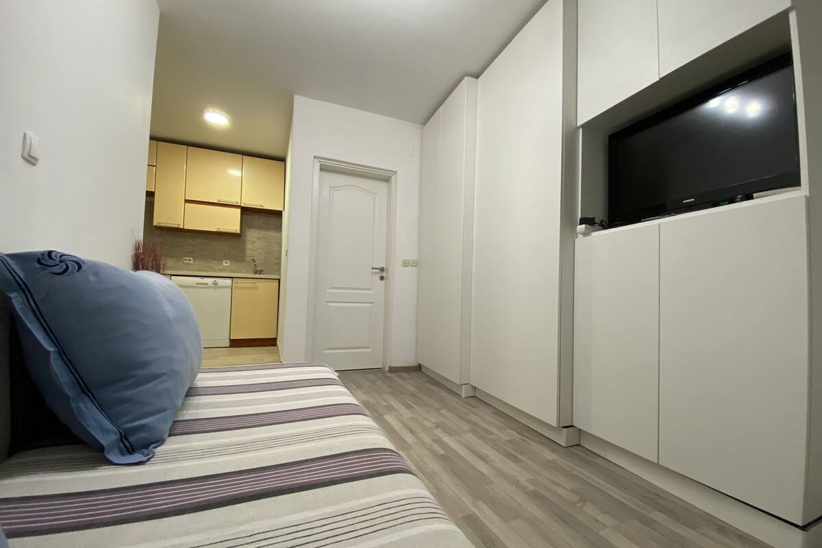 A compact living space with a sofa, a television, and a kitchenette in the background.