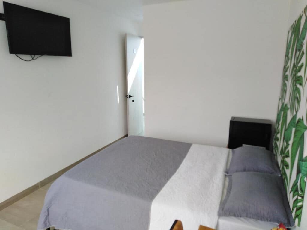 Une chambre avec un lit, un téléviseur fixé au mur et une porte.