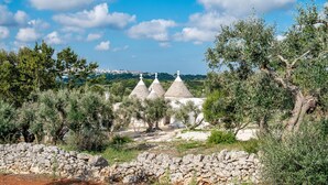 A rural landscape with stone buildings, olive trees, and a stone wall. - Charming Trullo with Heated pool and panoramic view (Cisternino)