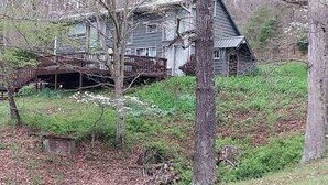 Una cabaña rústica con terraza de madera y un pequeño puente, rodeada de un bosque denso.