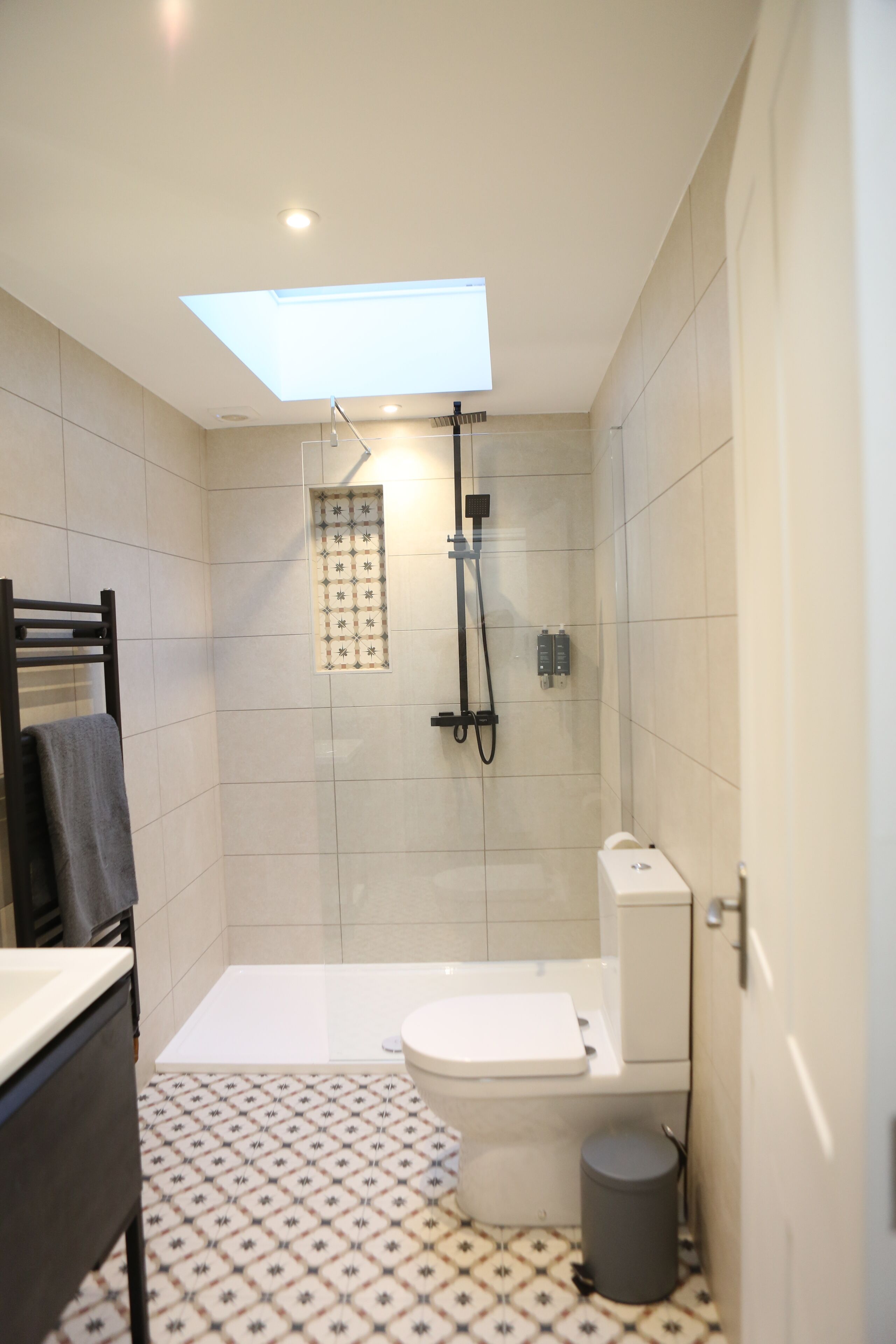 A bathroom with a skylight, a shower, a toilet, and a sink.
