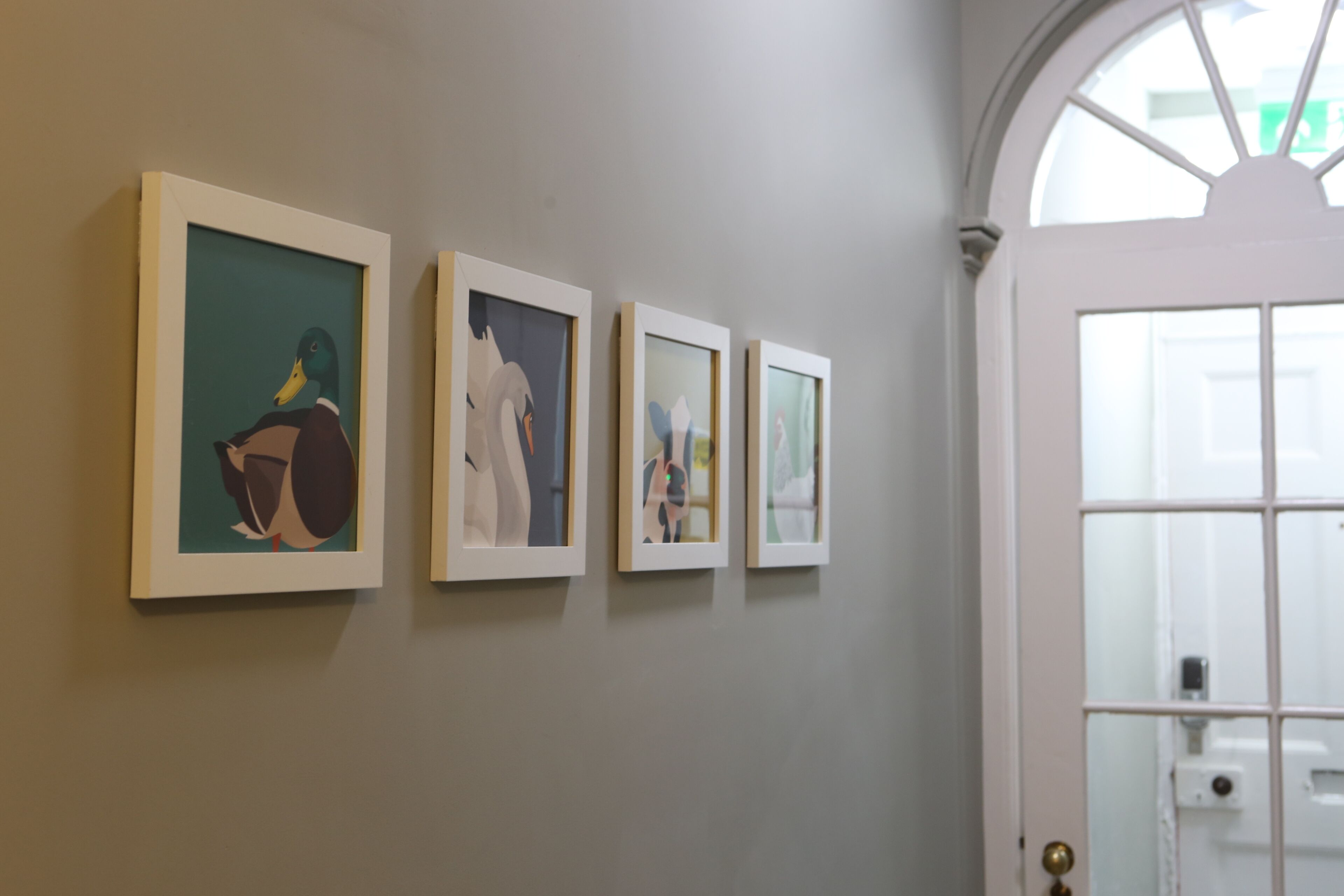 A hallway with four framed artworks on the wall and a white door with a glass panel.