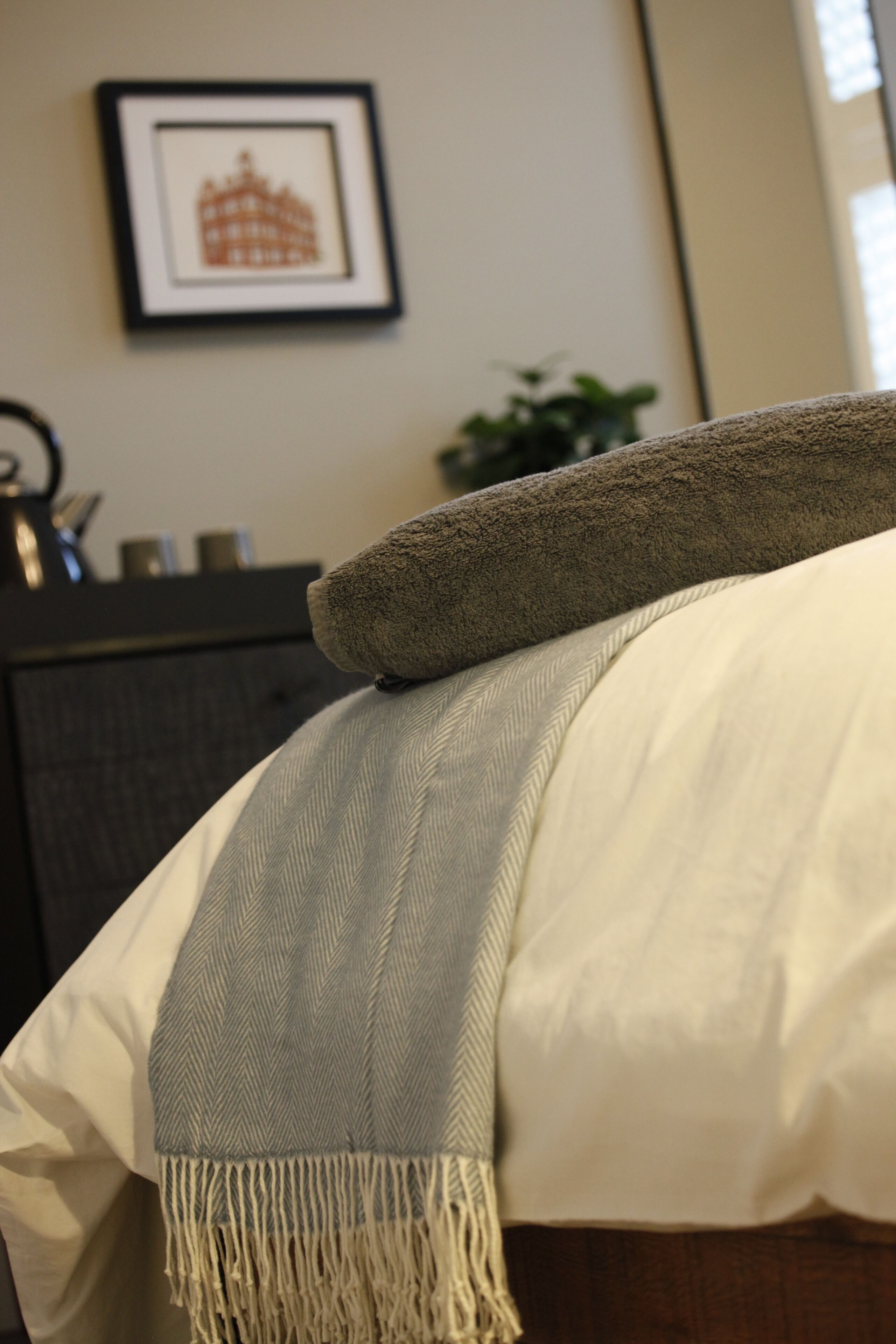 A bed with a grey blanket and a pillow, a framed picture on the wall, and a dark-colored dresser with a plant on it.