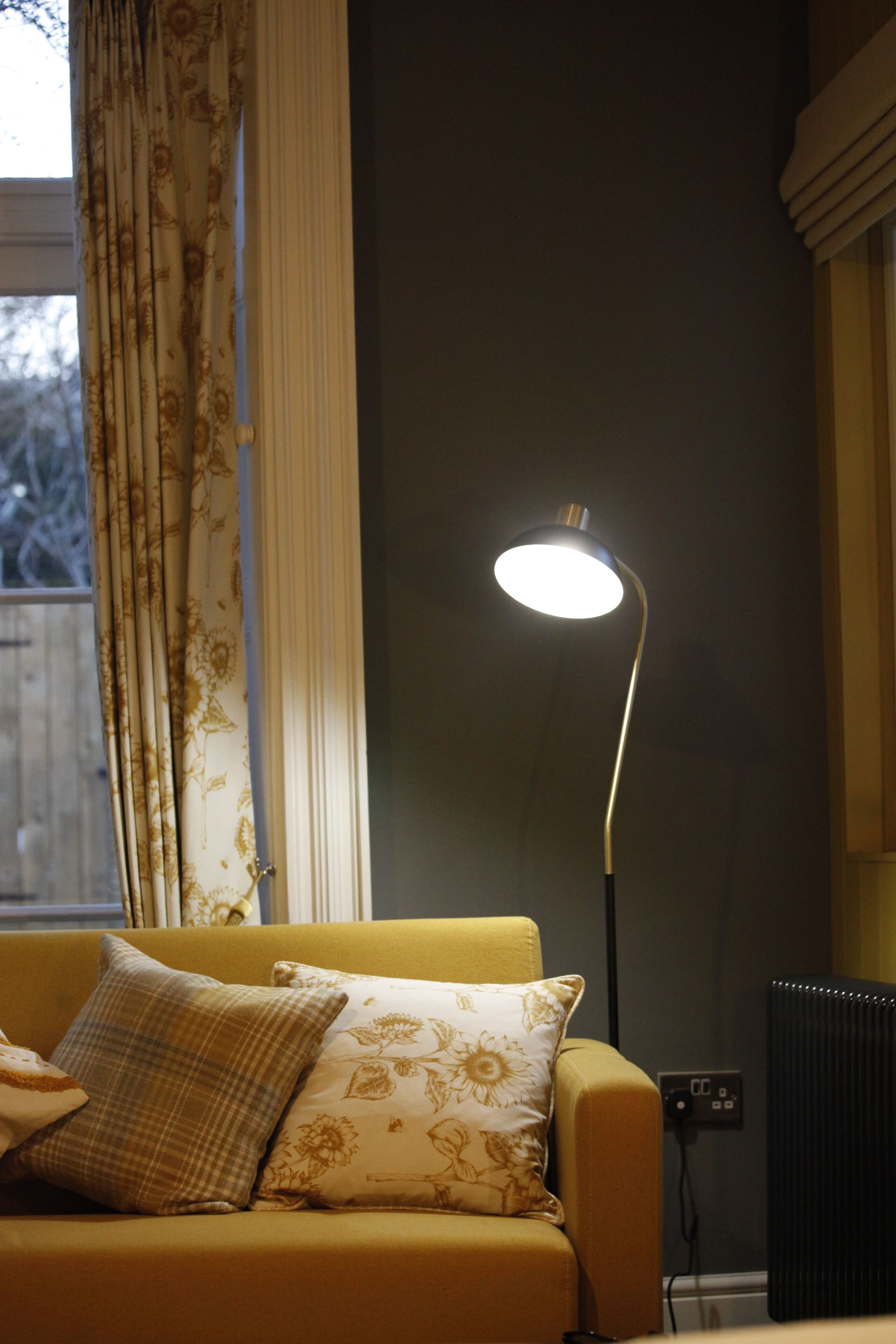 Une pièce avec un canapé, une lampe sur pied et un radiateur.