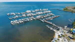 An aerial view of a marina with numerous boats docked, a pier extending into the water, and a beach area with a few structures and palm trees. - Beach,Tons of entertainment, bikes, 2  golf carts, Golf, Amazing Gym, and Marina (Miramar Beach)