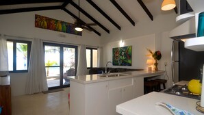 A modern kitchen with a central island, a ceiling fan, and artwork on the walls. - JJEM Cabanas (Placencia)