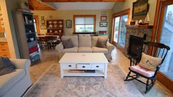 TV connectée, cheminée, livres